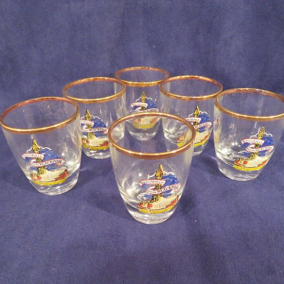Vtg Set 6 Shot Glasses Blackpool England Souvenir in Original Box (153C) - Picture 1 of 6